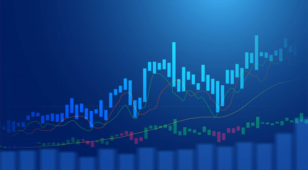 Business candle stick graph chart of stock market investment trading on blue background